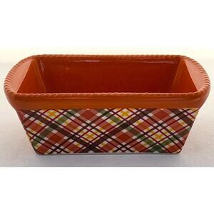 LOAF BAKING DISH-TEMP-TATIONS-Ceramic-Pumpkin & Green-Plaid-Holiday Theme-Small